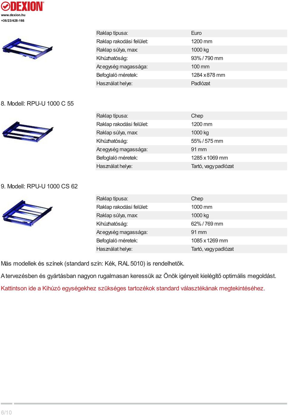 Modell: RPU-U 1000 CS 62 Chep 1000 mm 62% / 769 mm 91 mm 1085 x 1269 mm Más modellek és színek (standard szín: Kék, RAL