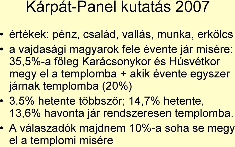 templomba + akik évente egyszer járnak templomba (20%) 3,5% hetente többször; 14,7%