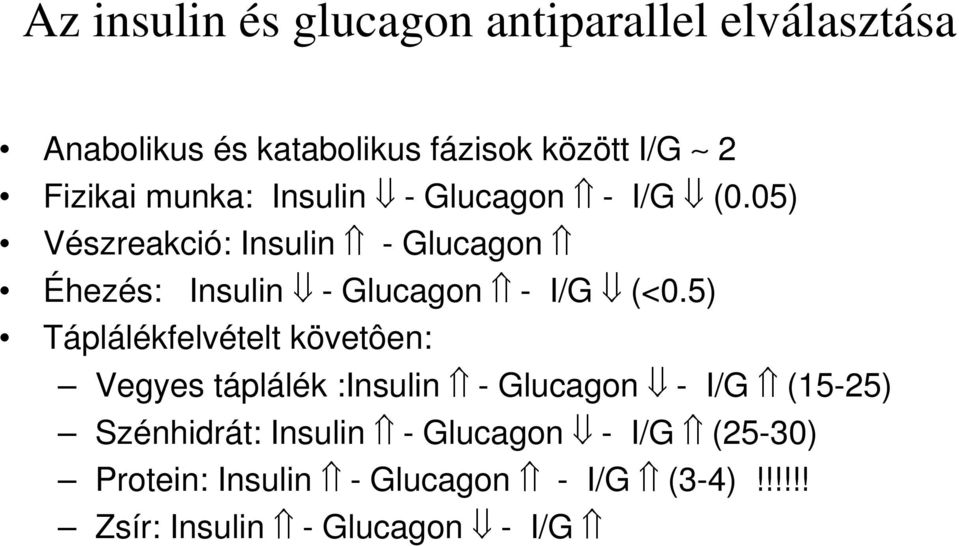 05) Vészreakció: Insulin - Glucagon Éhezés: Insulin - Glucagon - I/G (<0.