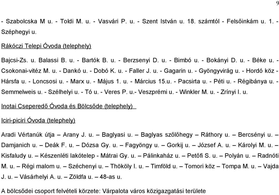 u. - Pacsirta u. - Péti u. - Régibánya u. - Semmelweis u. - Szélhelyi u. - Tó u. - Veres P. u.- Veszprémi u. - Winkler M. u. - Zrínyi I. u. Inotai Cseperedő Óvoda és Bölcsőde (telephely) Iciri-piciri Óvoda (telephely) Aradi Vértanúk útja Arany J.