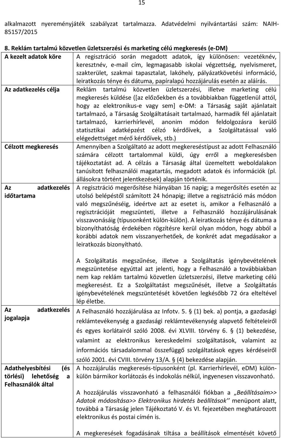 iskolai végzettség, nyelvismeret, szakterület, szakmai tapasztalat, lakóhely, pályázatkövetési információ, leiratkozás ténye és dátuma, papíralapú hozzájárulás esetén az aláírás.