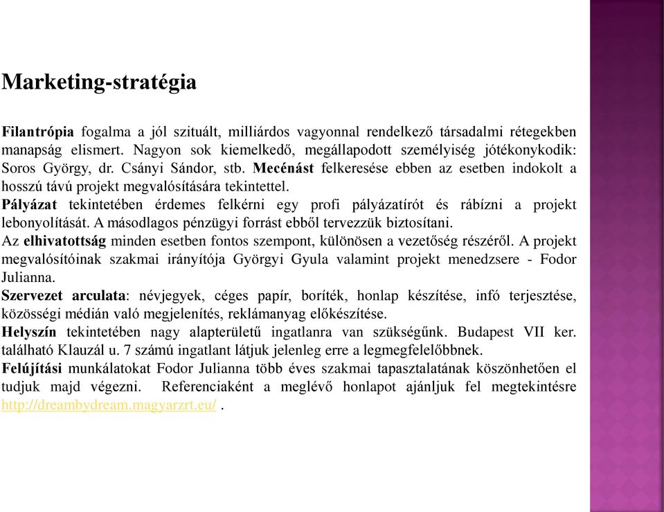 Pályázat tekintetében érdemes felkérni egy profi pályázatírót és rábízni a projekt lebonyolítását. A másodlagos pénzügyi forrást ebből tervezzük biztosítani.