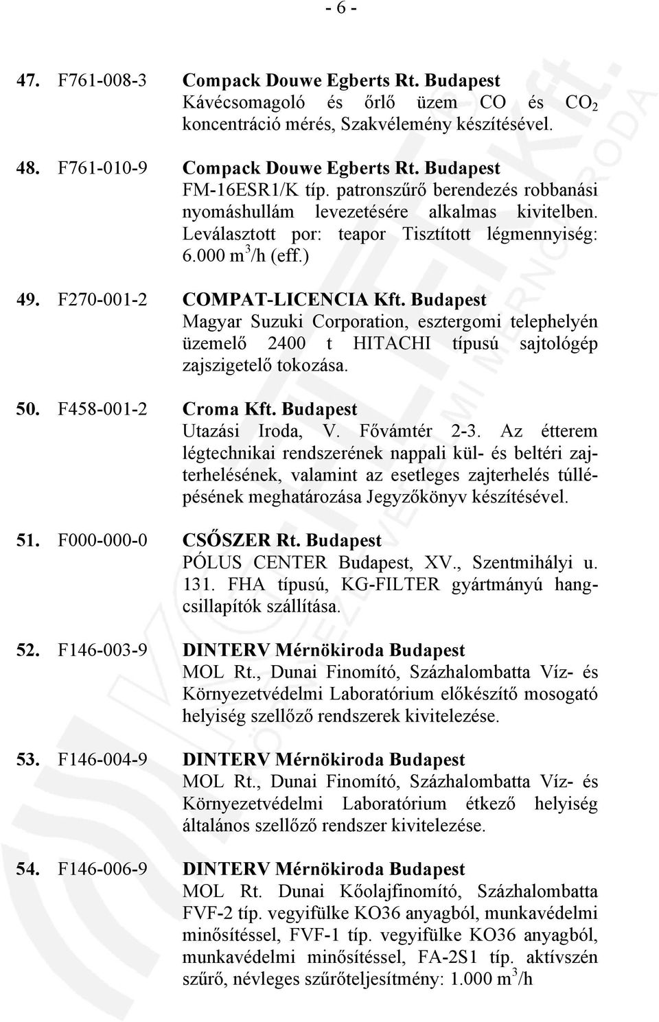 F270-001-2 COMPAT-LICENCIA Kft. Budapest Magyar Suzuki Corporation, esztergomi telephelyén üzemelő 2400 t HITACHI típusú sajtológép zajszigetelő tokozása. 50. F458-001-2 Croma Kft.