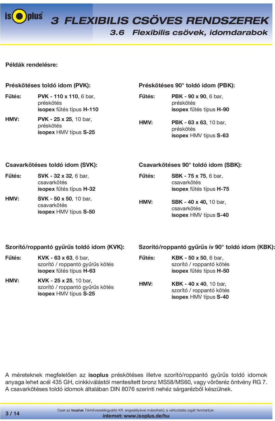SVK - 50 x 50, 10 bar, csavarkötés isopex HMV típus S-50 Csavarkötéses 90 toldó idom (SBK): SBK - 75 x 75, 6 bar, csavarkötés isopex fűtés típus H-75 SBK - 40 x 40, 10 bar, csavarkötés isopex HMV