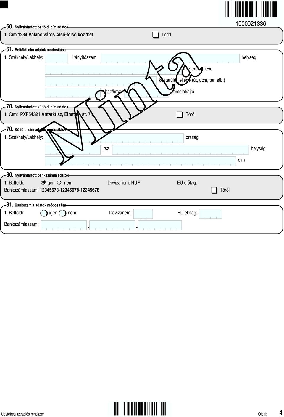 Cím: PXF54321 Antarktisz, Einstein st. 78 Töröl 70. Külföldi cím adatok módosítása 1. Székhely/Lakhely: ország irsz. helység cím 80. Nyilvántartott bankszámla adatok 1.