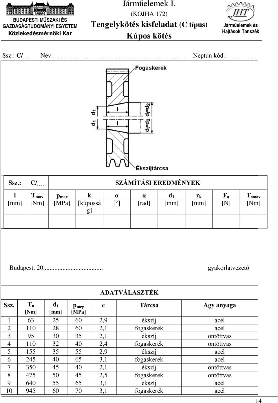 :......... Ssz.: C/.... SZÁMÍTÁSI EREDMÉNYEK l T max p max k α α d r k F a T smax [Nm] [MPa] [kúpossá [ ] [rad] [N] [Nm] g] Budapes, 0.