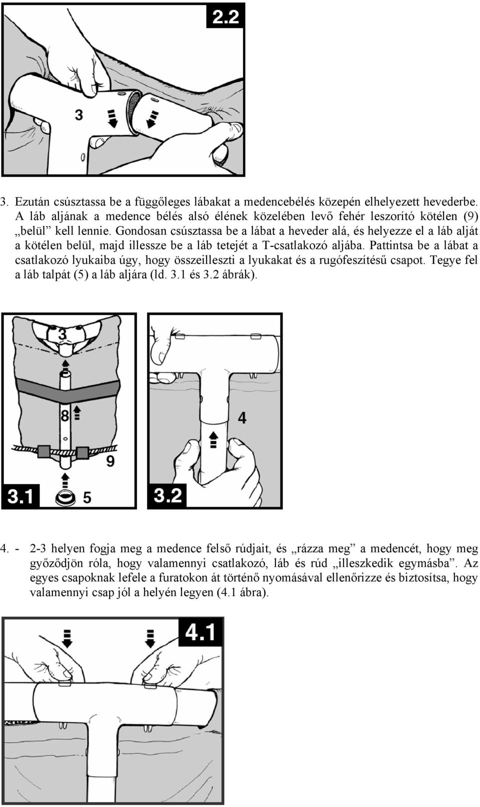 Pattintsa be a lábat a csatlakozó lyukaiba úgy, hogy összeilleszti a lyukakat és a rugófeszítésű csapot. Tegye fel a láb talpát (5) a láb aljára (ld. 3.1 és 3.2 ábrák). 4.
