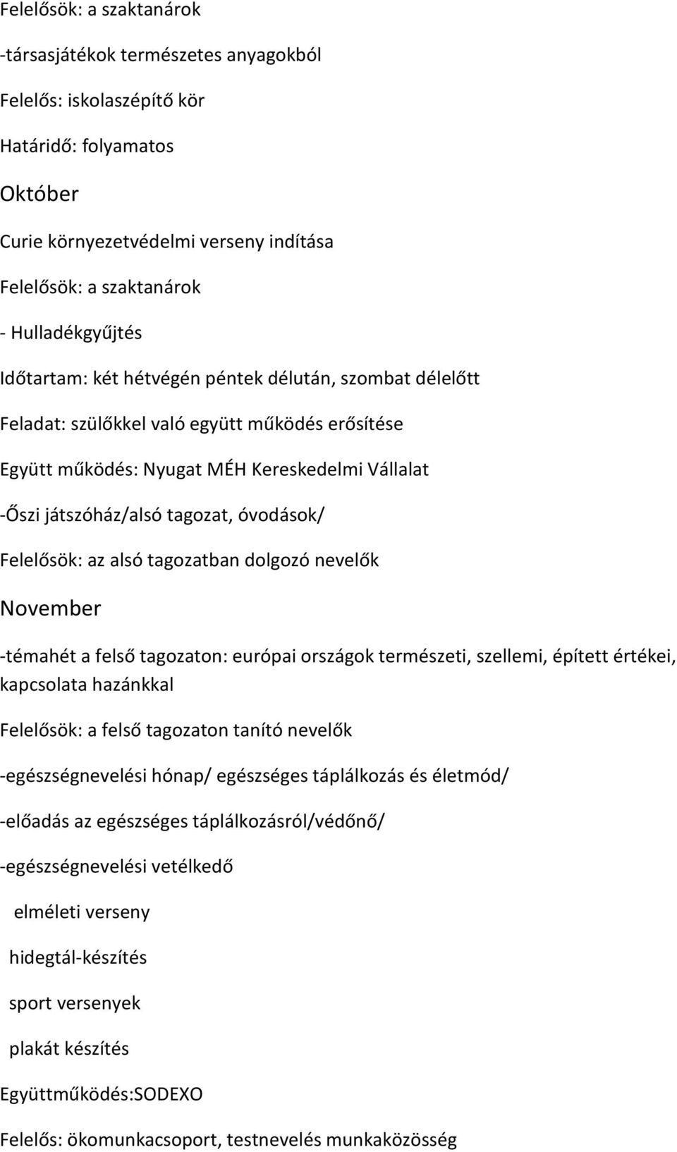 tagozatban dolgozó nevelők November -témahét a felső tagozaton: európai országok természeti, szellemi, épített értékei, kapcsolata hazánkkal Felelősök: a felső tagozaton tanító nevelők