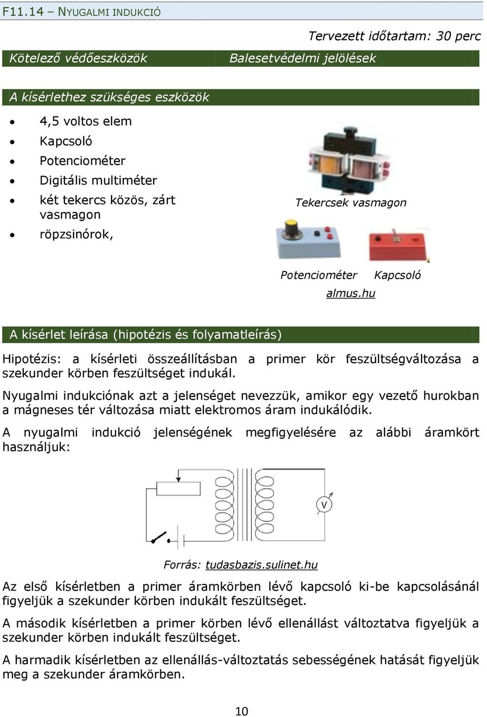 hu Kapcsoló A kísérlet leírása (hipotézis és folyamatleírás) Hipotézis: a kísérleti összeállításban a primer kör feszültségváltozása a szekunder körben feszültséget indukál.