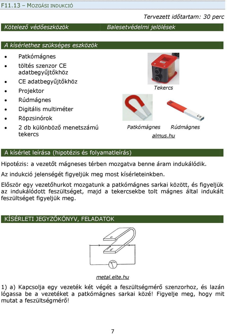 hu A kísérlet leírása (hipotézis és folyamatleírás) Hipotézis: a vezetőt mágneses térben mozgatva benne áram indukálódik. Az indukció jelenségét figyeljük meg most kísérleteinkben.