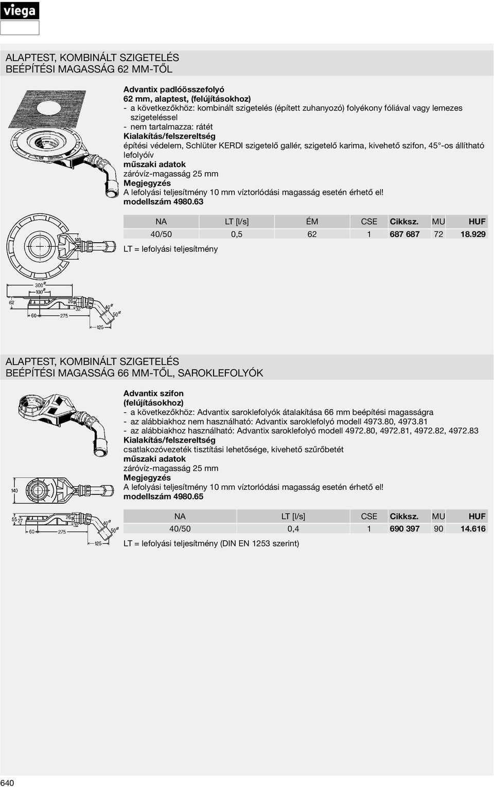 víztorlódási magasság esetén érhető el! modellszám 4980.63 NA LT [l/s] ÉM CSE Cikksz. MU HUF 40/50 0,5 62 1 687 687 72 18.