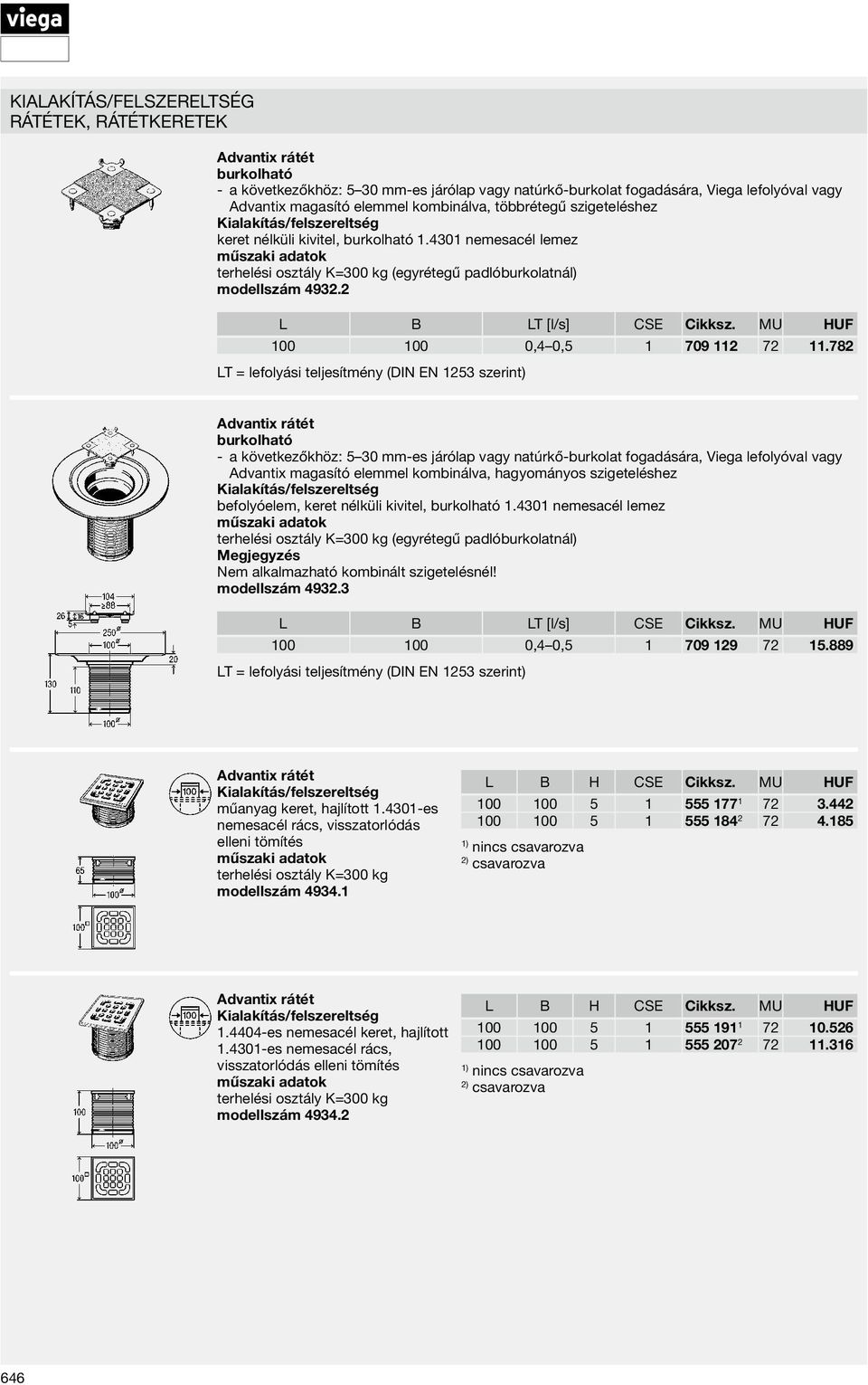 782 (DIN EN 1253 szerint) Advantix rátét burkolható a következőkhöz: 5 30 mm-es járólap vagy natúrkő-burkolat fogadására, Viega lefolyóval vagy Advantix magasító elemmel kombinálva, hagyományos