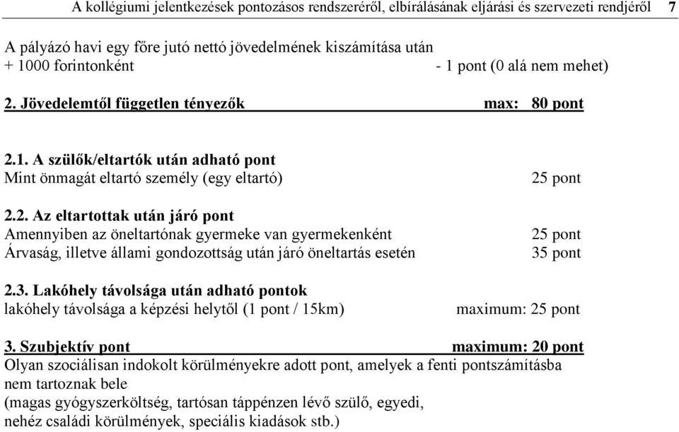 3. Lakóhely távolsága után adható pontok lakóhely távolsága a képzési helytől (1 pont / 15km) 25 pont 25 pont 35 pont maximum: 25 pont 3.