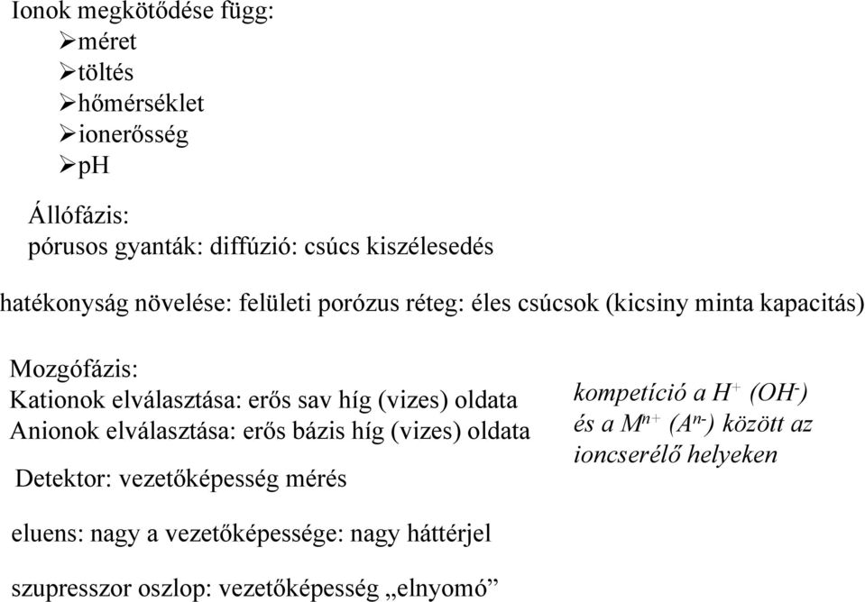 híg (vizes) oldata kompetíció a H + (OH - ) Anionok elválasztása: erős bázis híg (vizes) oldata és a M n+ (A n- ) között az