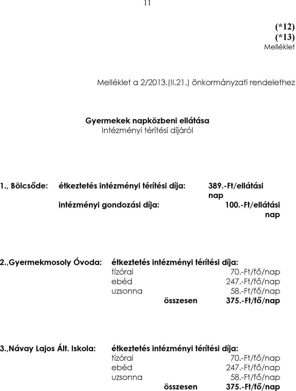 ,Gyermekmosoly Óvoda: étkeztetés intézményi térítési díja: tízórai 70.-Ft/fő/nap ebéd 247.-Ft/fő/nap uzsonna 58.-Ft/fő/nap összesen 375.