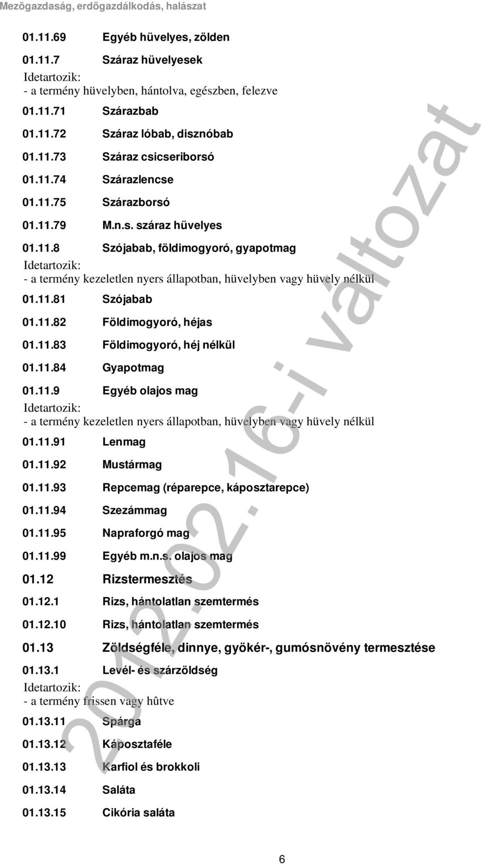 11.91 01.11.92 01.11.93 01.11.94 01.11.95 01.11.99 01.12 01.12.1 01.12.10 01.13 01.13.1 Levél- és szárzöldség - a termény frissen vagy hûtve 01.13.11 01.13.12 01.13.13 01.13.14 Szárazbab Száraz lóbab, disznóbab Száraz csicseriborsó Szárazlencse Szárazborsó M.
