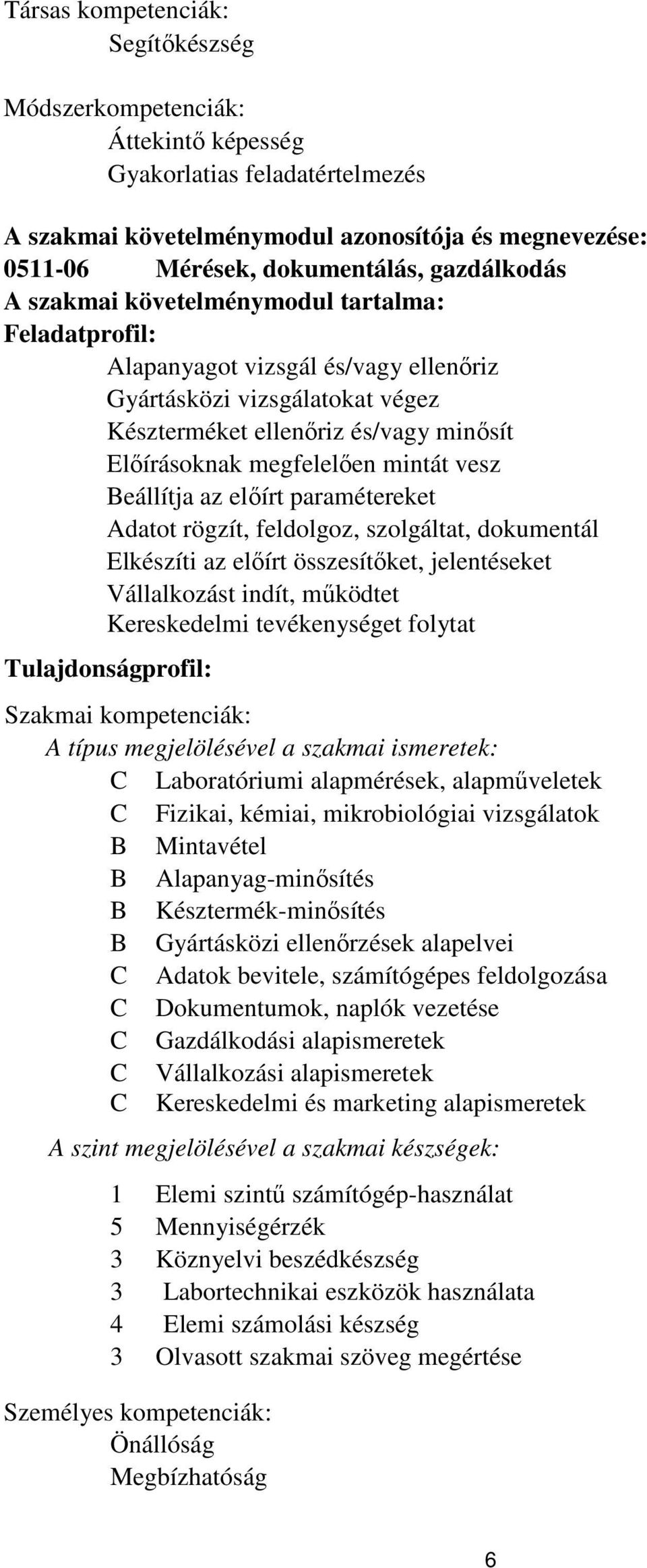 mintát vesz Beállítja az előírt paramétereket Adatot rögzít, feldolgoz, szolgáltat, dokumentál Elkészíti az előírt összesítőket, jelentéseket Vállalkozást indít, működtet Kereskedelmi tevékenységet