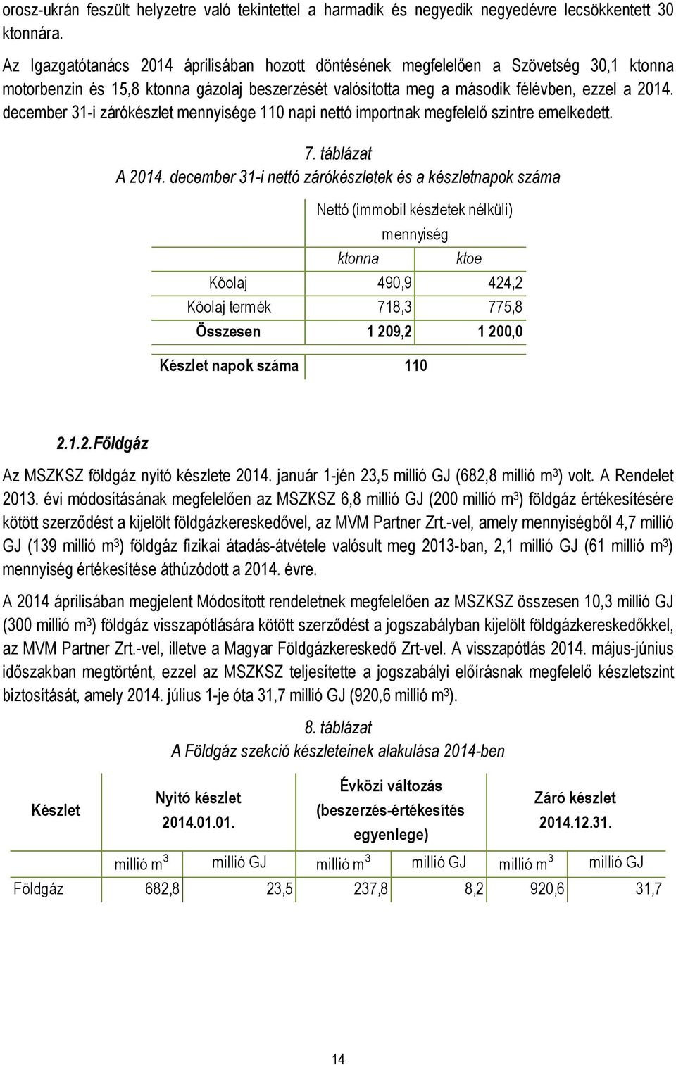 december 31-i zárókészlet mennyisége 110 napi nettó importnak megfelelő szintre emelkedett. 7. táblázat A 2014.
