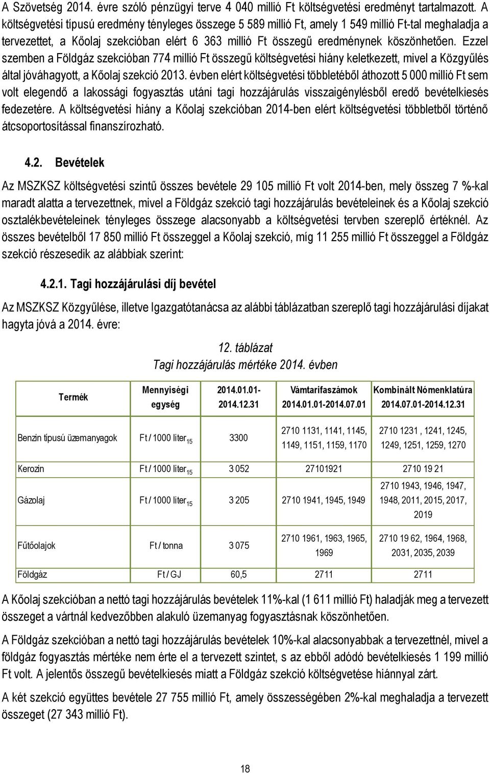 Ezzel szemben a Földgáz szekcióban 774 millió Ft összegű költségvetési hiány keletkezett, mivel a Közgyűlés által jóváhagyott, a Kőolaj szekció 2013.