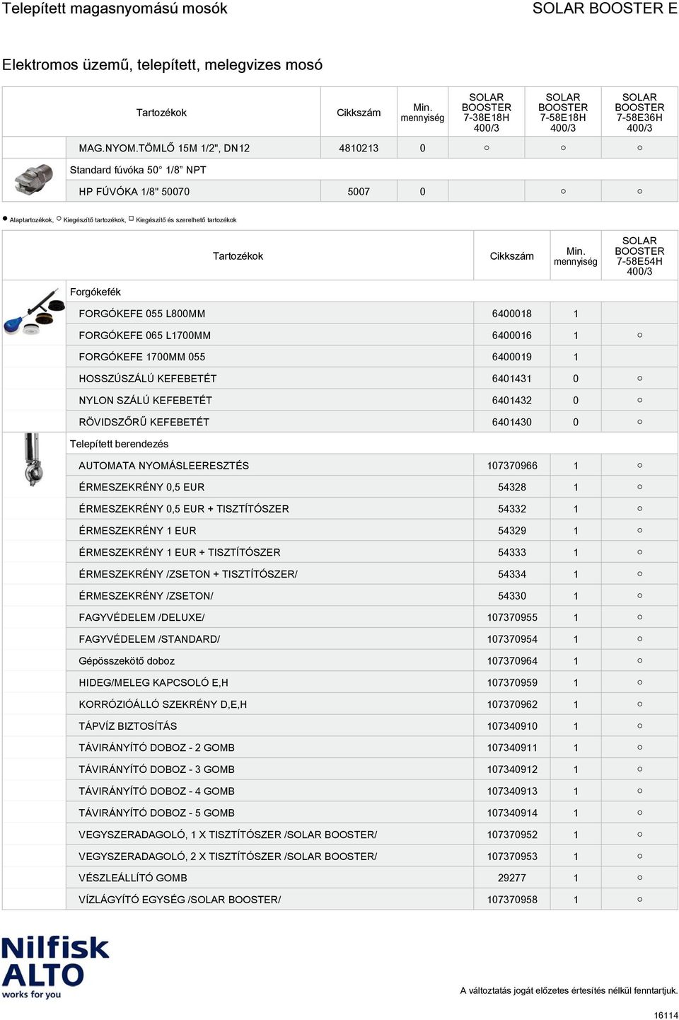 L800MM 6400018 1 FORGÓKEFE 065 L1700MM 6400016 1 FORGÓKEFE 1700MM 055 6400019 1 HOSSZÚSZÁLÚ KEFEBETÉT 6401431 0 NYLON SZÁLÚ KEFEBETÉT 6401432 0 RÖVIDSZŐRŰ KEFEBETÉT 6401430 0 Telepített berendezés