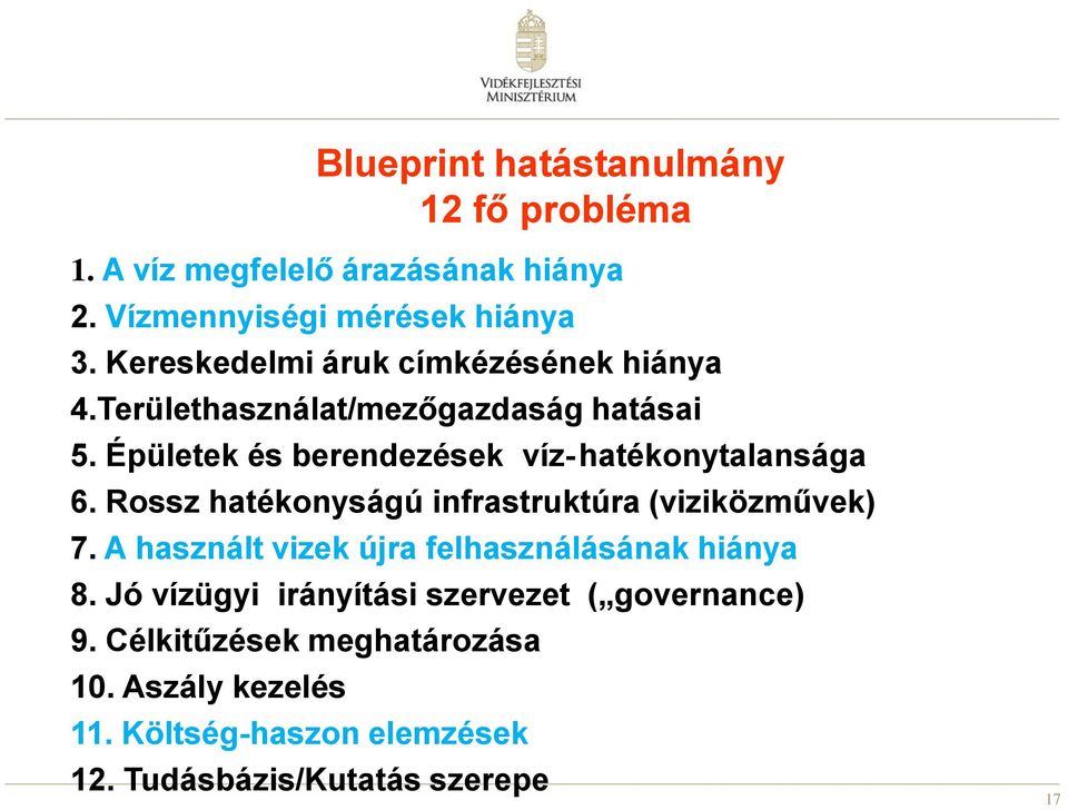 Épületek és berendezések víz- hatékonytalansága 6. Rossz hatékonyságú infrastruktúra (viziközművek) 7.