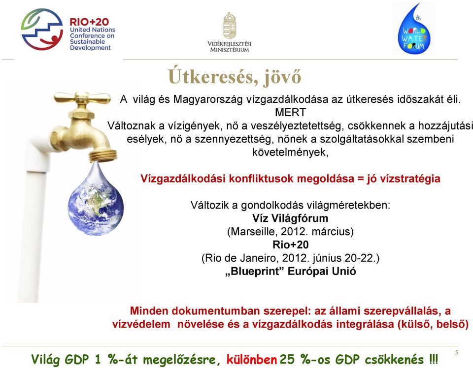 Vízgazdálkodási konfliktusok megoldása = jó vízstratégia Változik a gondolkodás világméretekben: Víz Világfórum (Marseille, 2012.