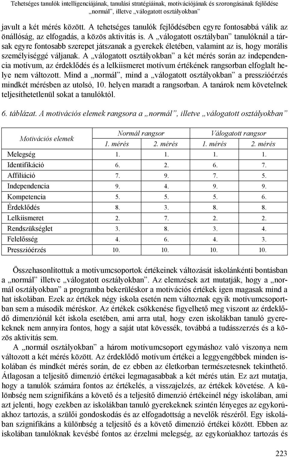 A válogatott osztályban tanulóknál a társak egyre fontosabb szerepet játszanak a gyerekek életében, valamint az is, hogy morális személyiséggé váljanak.