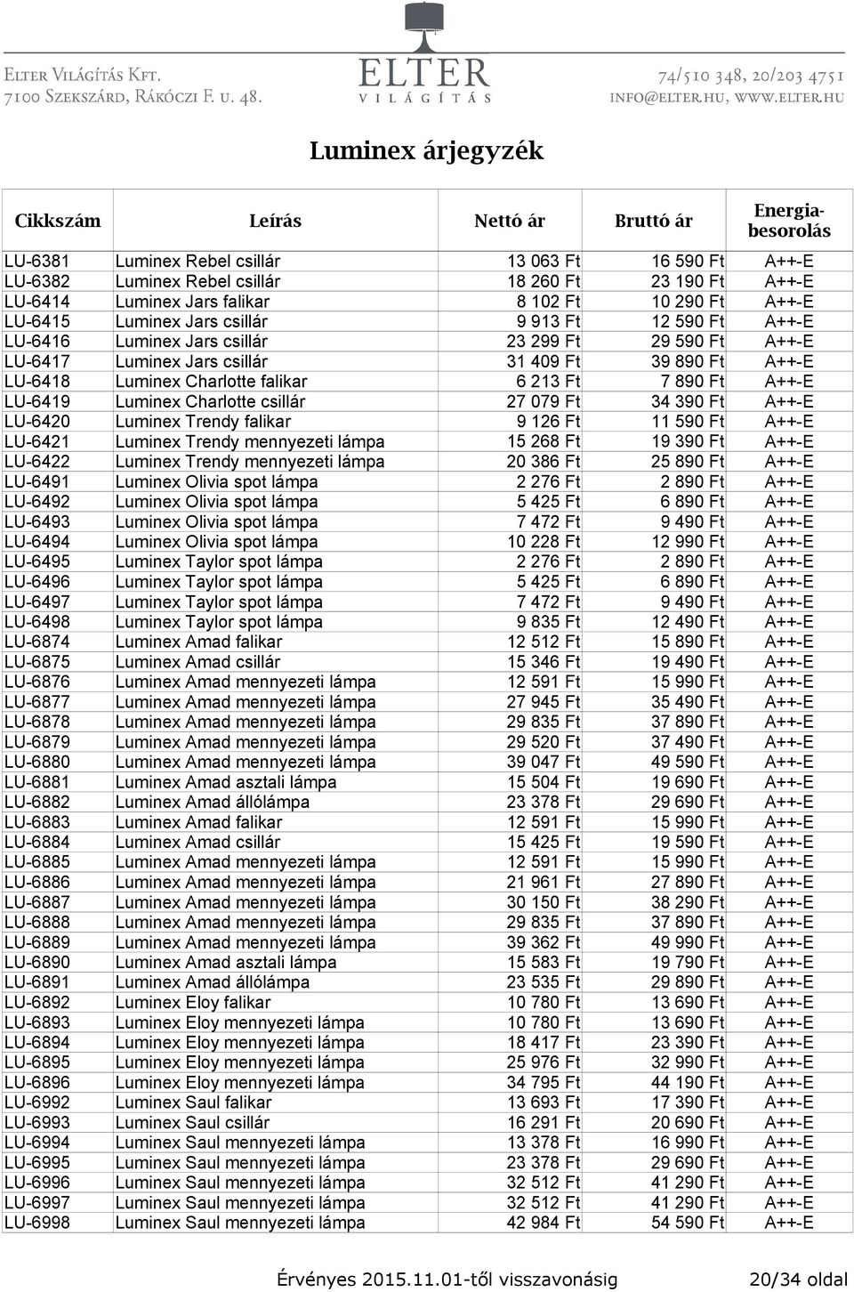 Luminex Charlotte csillár 27 079 Ft 34 390 Ft A++-E LU-6420 Luminex Trendy falikar 9 126 Ft 11 590 Ft A++-E LU-6421 Luminex Trendy mennyezeti lámpa 15 268 Ft 19 390 Ft A++-E LU-6422 Luminex Trendy