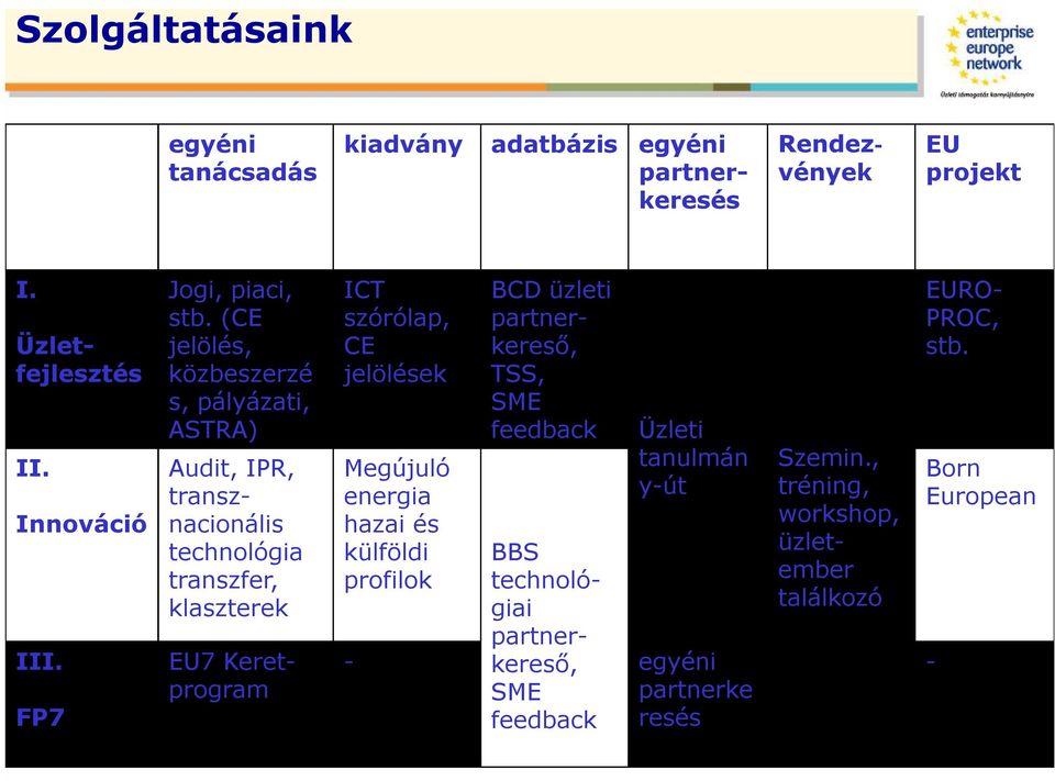 (CE jelölés, közbeszerzé s, pályázati, ASTRA) Audit, IPR, transznacionális technológia transzfer, klaszterek EU7 Keretprogram ICT szórólap, CE