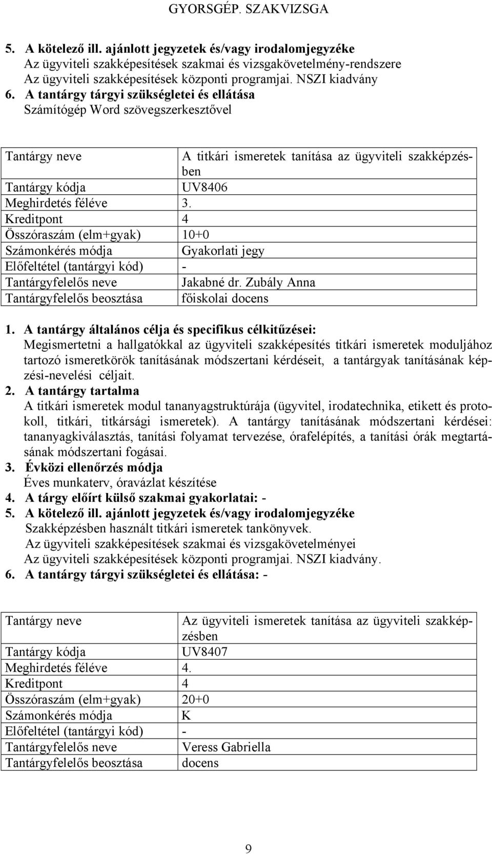 szakképesítés titkári ismeretek moduljához tartozó ismeretkörök tanításának módszertani kérdéseit, a tantárgyak tanításának képzési-nevelési céljait.