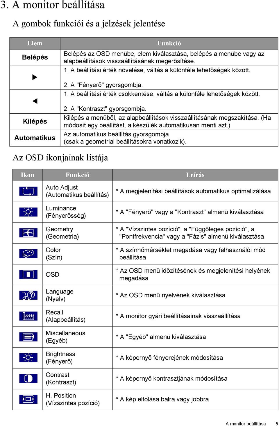 2. A "Kontraszt" gyorsgombja. Kilépés a menüből, az alapbeállítások visszaállításának megszakítása. (Ha módosít egy beállítást, a készülék automatikusan menti azt.