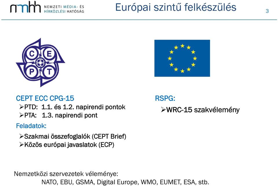 napirendi pont Feladatok: Szakmai összefoglalók (CEPT Brief) Közös