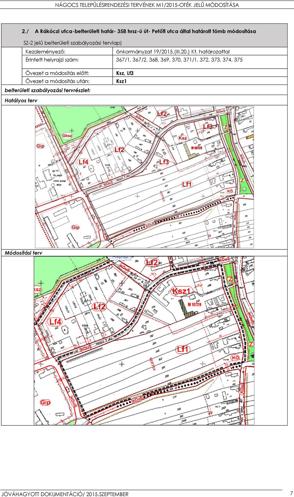 határozattal Érintett helyrajzi szám: 367/1, 367/2, 368, 369, 370, 371/1, 372, 373, 374, 375 Övezet a módosítás