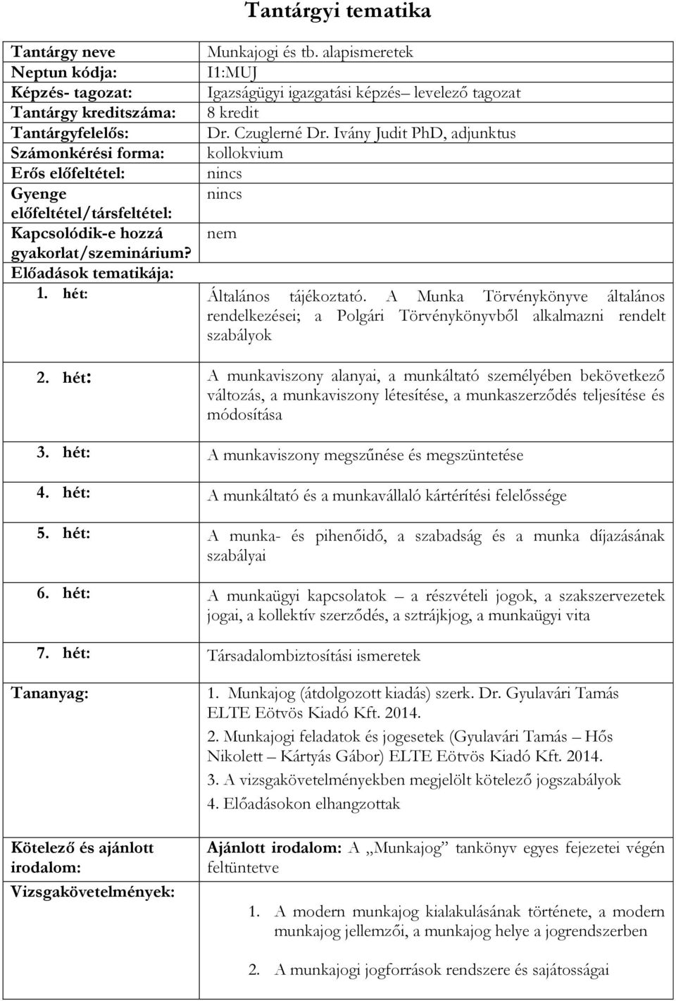 Előadások tematikája: 1. hét: Általános tájékoztató. A Munka Törvénykönyve általános rendelkezései; a Polgári Törvénykönyvből alkalmazni rendelt szabályok 2.