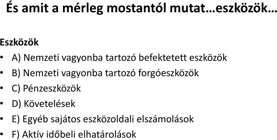 tartozó forgóeszközök C) Pénzeszközök D) Követelések E) Egyéb