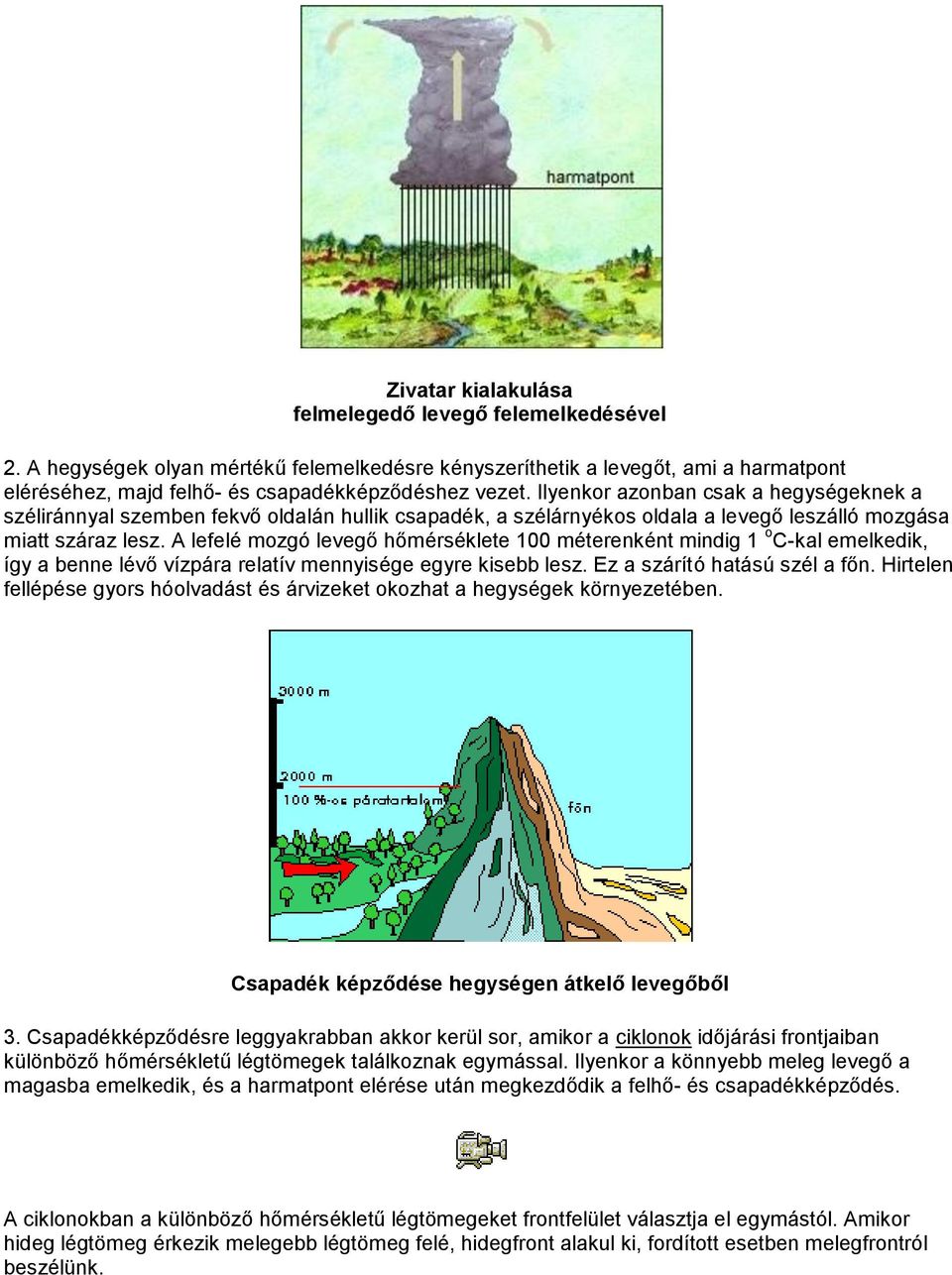 A lefelé mozgó levegő hőmérséklete 100 méterenként mindig 1 o C-kal emelkedik, így a benne lévő vízpára relatív mennyisége egyre kisebb lesz. Ez a szárító hatású szél a főn.