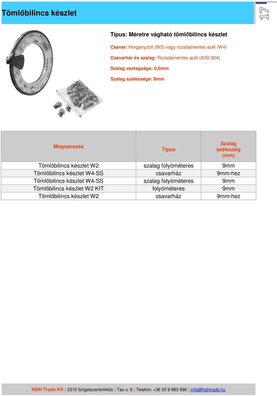 szélesség (mm) Tömlőbilincs készlet W2 szalag folyóméteres 9mm Tömlőbilincs készlet W4-SS csavarház 9mm-hez
