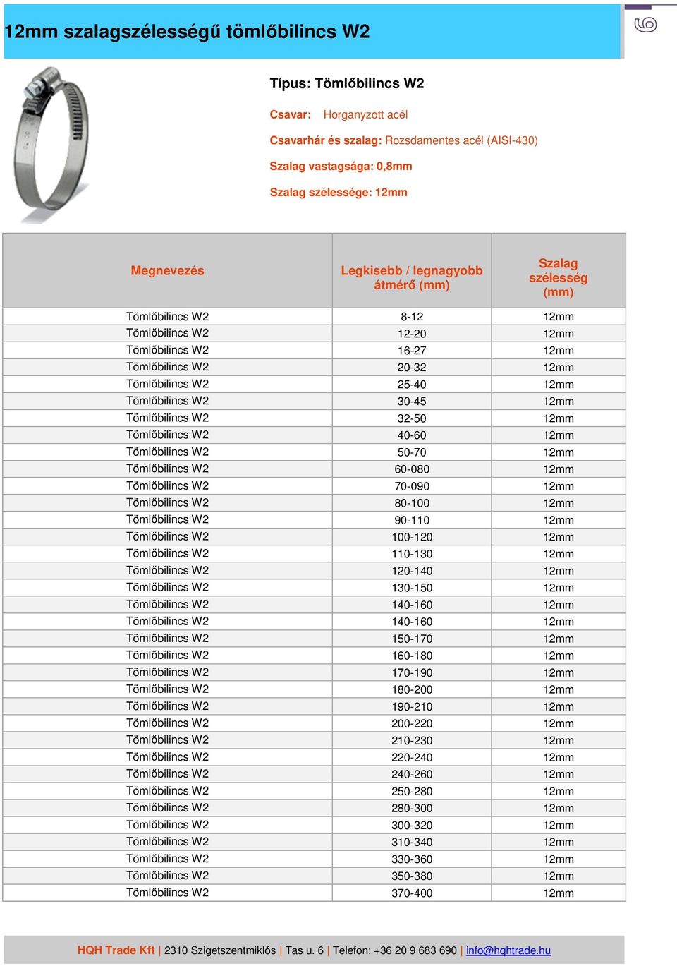 12mm Tömlőbilincs W2 40-60 12mm Tömlőbilincs W2 50-70 12mm Tömlőbilincs W2 60-080 12mm Tömlőbilincs W2 70-090 12mm Tömlőbilincs W2 80-100 12mm Tömlőbilincs W2 90-110 12mm Tömlőbilincs W2 100-120 12mm