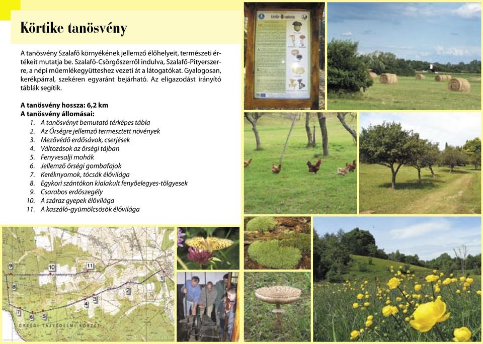 Az eligazodást irányító táblák segítik. A tanösvény hossza: 6,2 km 1. A tanösvényt bemutató térképes tábla 2. Az Őrségre jellemző termesztett növények 3.