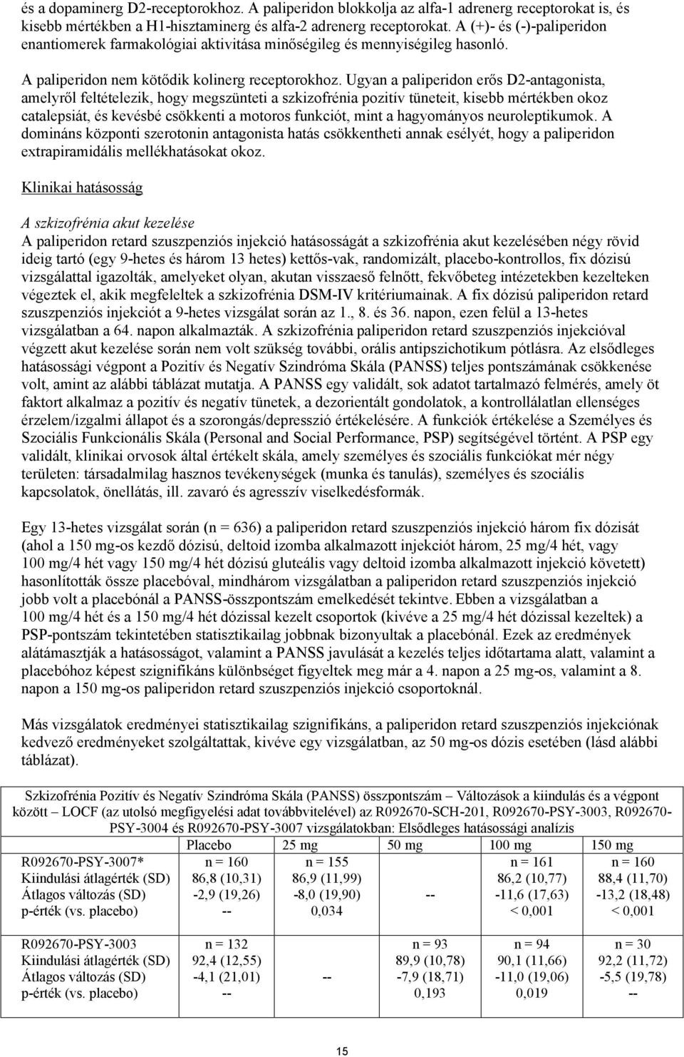 Ugyan a paliperidon erős D2-antagonista, amelyről feltételezik, hogy megszünteti a szkizofrénia pozitív tüneteit, kisebb mértékben okoz catalepsiát, és kevésbé csökkenti a motoros funkciót, mint a