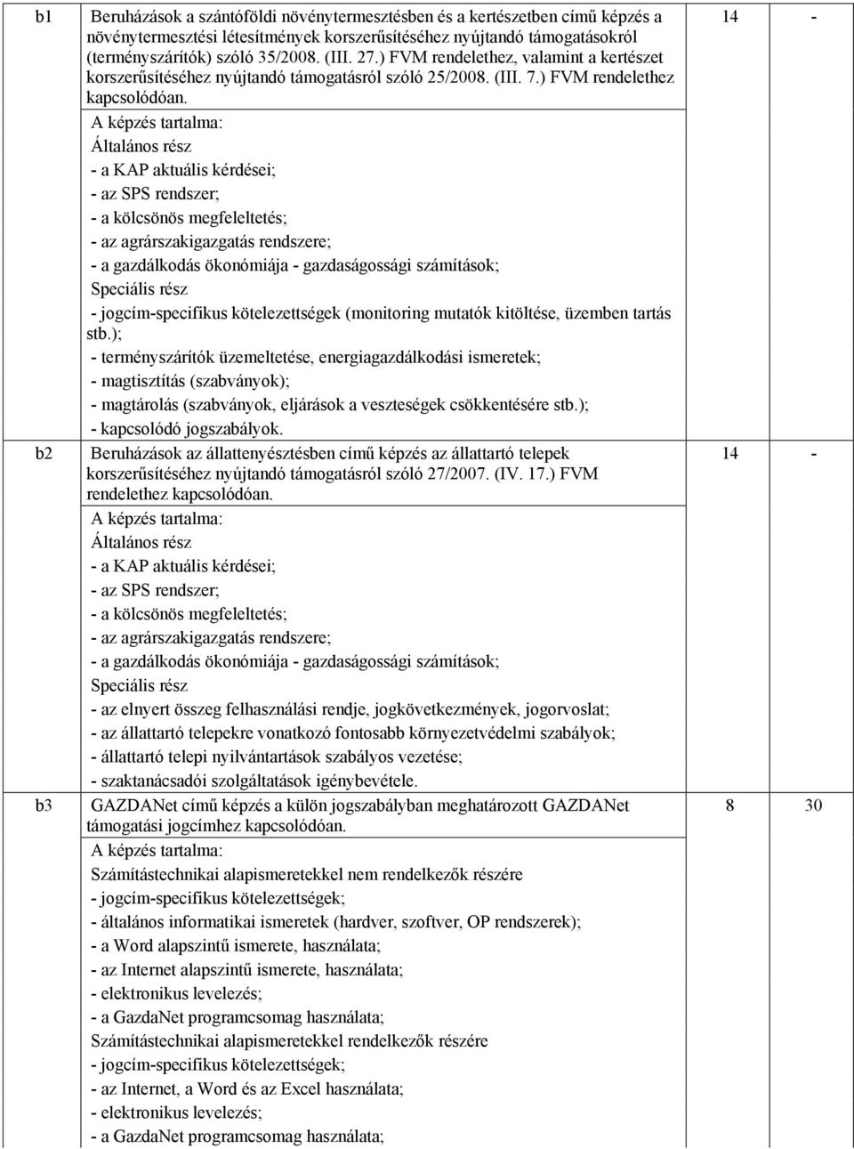 Általános rész - a KAP aktuális kérdései; - az SPS rendszer; - a kölcsönös megfeleltetés; - a gazdálkodás ökonómiája - gazdaságossági számítások; Speciális rész - jogcím-specifikus kötelezettségek