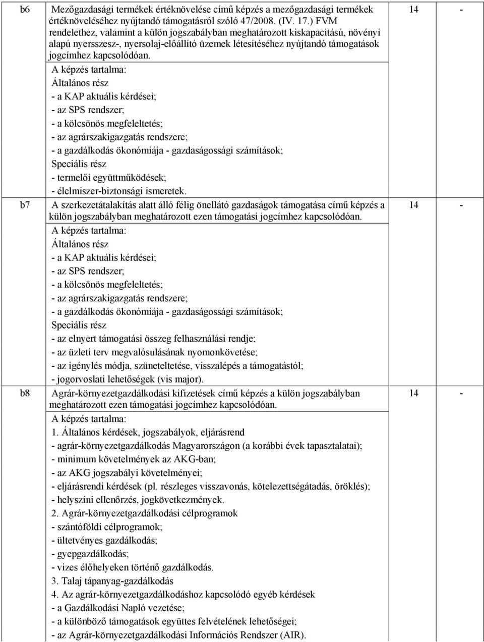 Általános rész - a KAP aktuális kérdései; - az SPS rendszer; - a kölcsönös megfeleltetés; - a gazdálkodás ökonómiája - gazdaságossági számítások; Speciális rész - termelői együttműködések; -