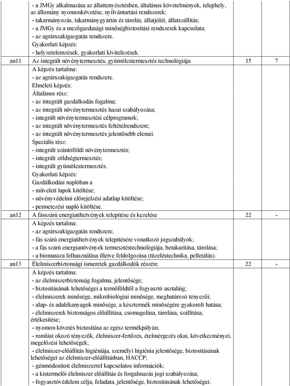 an11 Az integrált növénytermesztés, gyümölcstermesztés technológiája 15 7 Elméleti képzés: Általános rész: - az integrált gazdálkodás fogalma; - az integrált növénytermesztés hazai szabályozása; -