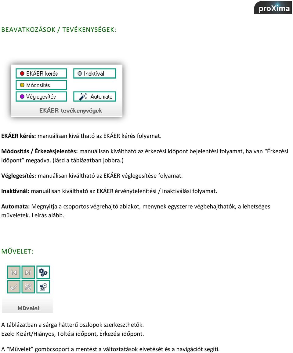 ) Véglegesítés: manuálisan kiváltható az EKÁER véglegesítése folyamat. Inaktívnál: manuálisan kiváltható az EKÁER érvénytelenítési / inaktiválási folyamat.