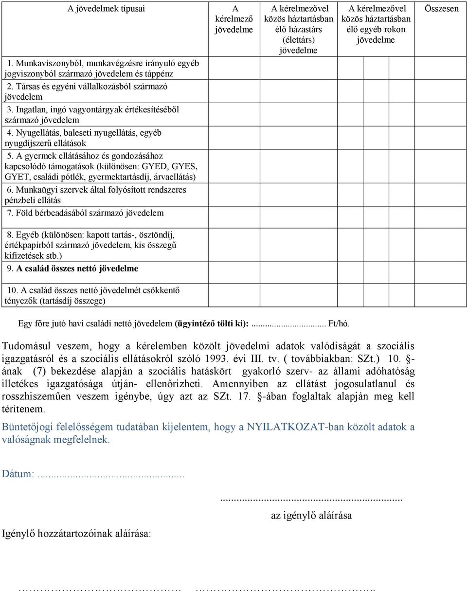 A gyermek ellátásához és gondozásához kapcsolódó támogatások (különösen: GYED, GYES, GYET, családi pótlék, gyermektartásdíj, árvaellátás) 6.