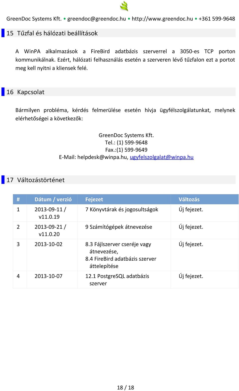 16 Kapcsolat Bármilyen probléma, kérdés felmerülése esetén hívja ügyfélszolgálatunkat, melynek elérhetőségei a következők: GreenDoc Systems Kft. Tel.: (1) 599-9648 Fax.