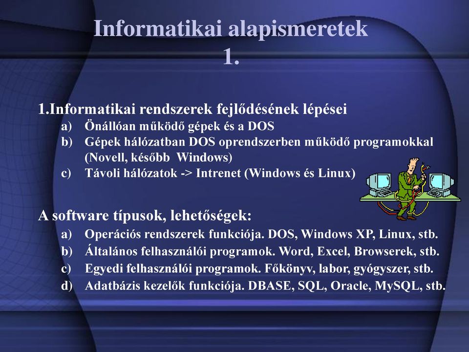 programokkal (Novell, később Windows) c) Távoli hálózatok -> Intrenet (Windows és Linux) A software típusok, lehetőségek: a) Operációs