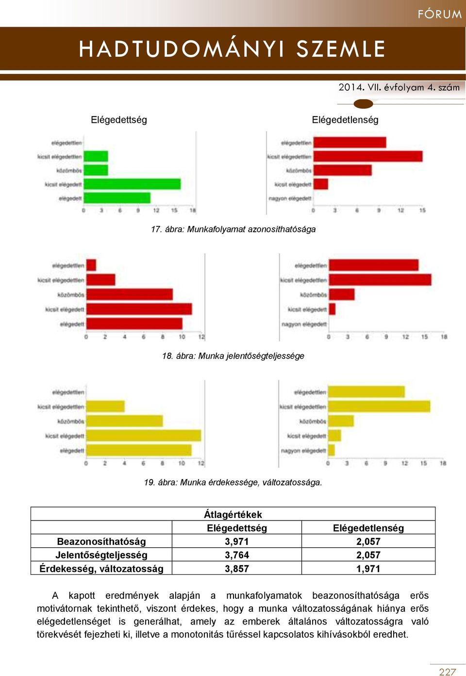 eredmények alapján a munkafolyamatok beazonosíthatósága erős motivátornak tekinthető, viszont érdekes, hogy a munka változatosságának hiánya erős