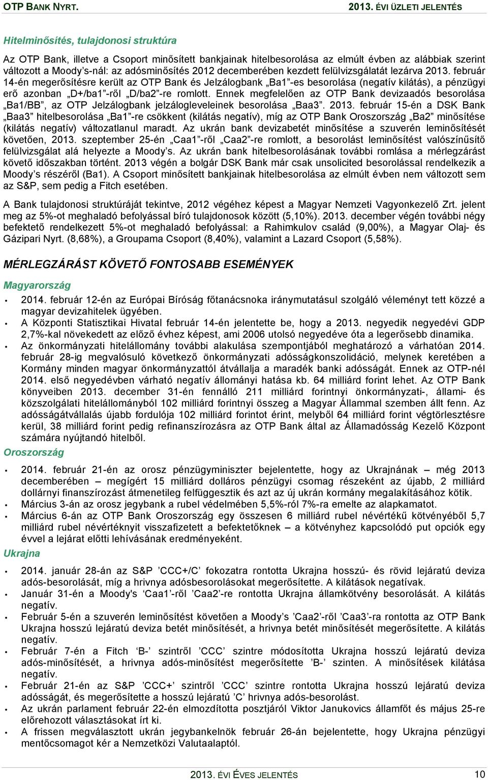 február 14-én megerősítésre került az OTP Bank és Jelzálogbank Ba1 -es besorolása (negatív kilátás), a pénzügyi erő azonban D+/ba1 -ről D/ba2 -re romlott.