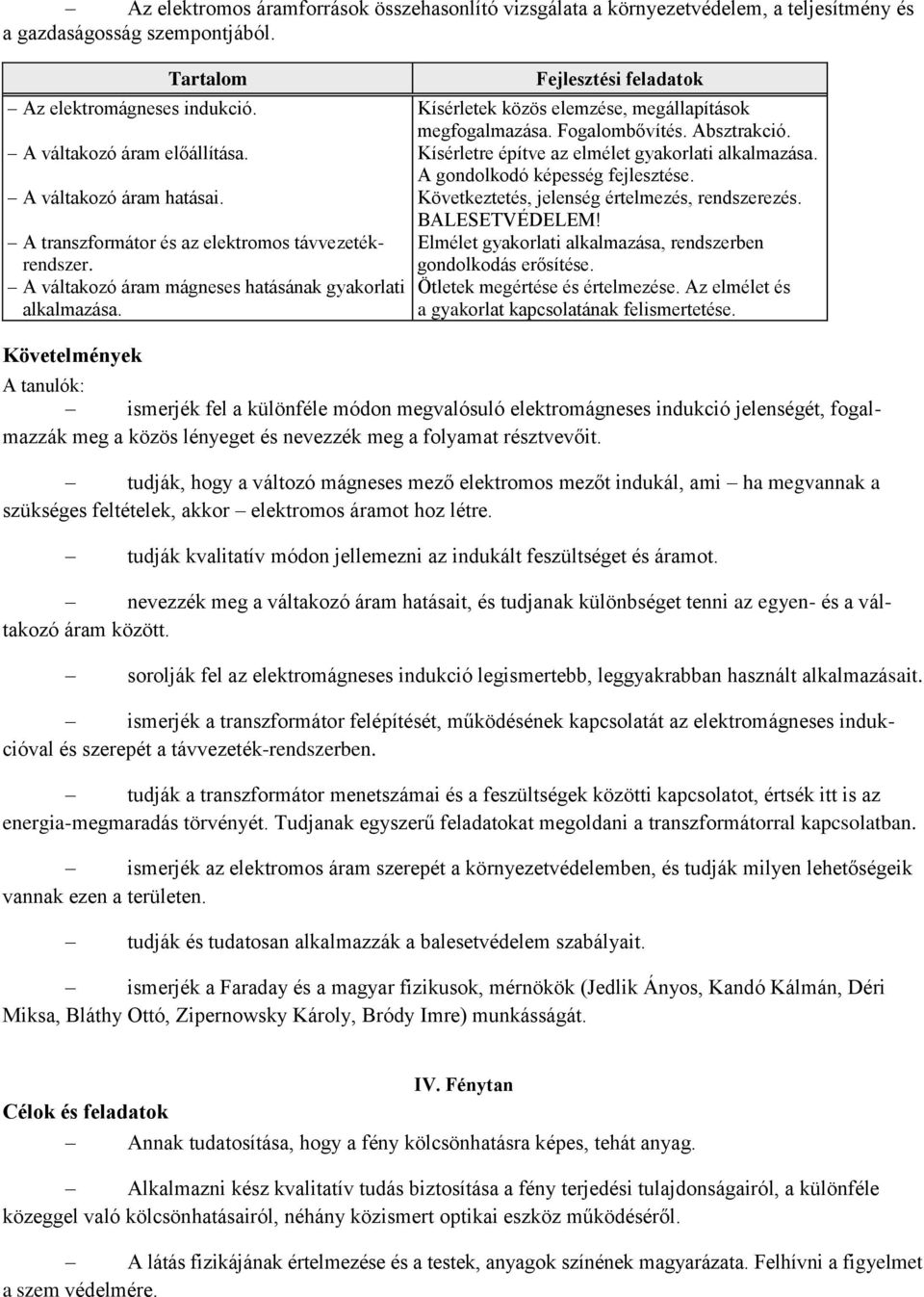 Követelmények Fejlesztési feladatok Kísérletek közös elemzése, megállapítások megfogalmazása. Fogalombővítés. Absztrakció. Kísérletre építve az elmélet gyakorlati alkalmazása.